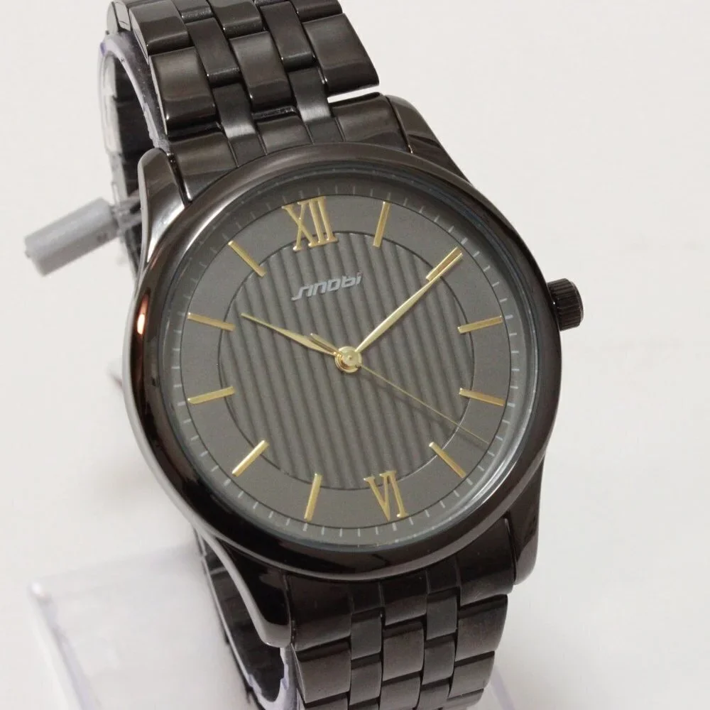 Ladies Classic Quartz Watch Black Textured Dial Gold Tone Indices Roman Numerals